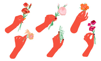 Set of women hands holding leaves and flowers. Elegant and cute illustration of hands in modern style. Flat vector illustration.
