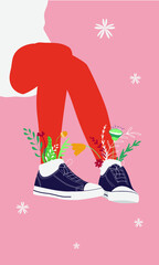 Cute flat woman legs in sneakers with flowers. Modern minimalistic postcard with woman legs. Flowers in shoes. Cute flat vector illustration.