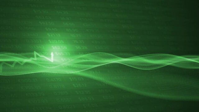 Green abstract info graphic with waves, line arrow graph and charts copy space animation background.