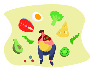 Nutrition Diet Plan.
Nutritionist Doctor or Dietitian Holding Clipboard with Diet Plan.Healthy Food and Diet Planning.Healthy Nutrition.Vegan Eating.Protein Products for Keto Diet.Vector Illustration