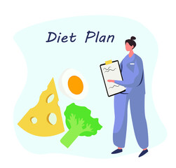 Nutrition Diet Plan. Nutritionist Doctor or Dietitian Holding Clipboard with Diet Plan.Healthy Food and Diet Planning.Healthy Nutrition.Vegan Eating.Protein Products for Keto Diet.Vector Illustration