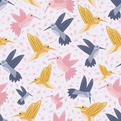 Hummingbird Flying and Cherry Blossom Leaves Light Blue Background Seamless Pattern