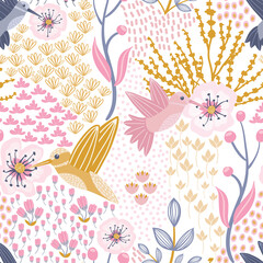 Fototapeta na wymiar Hummingbird and Cherry Blossom White Background Seamless Pattern