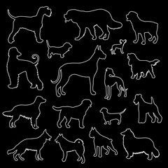 Set of white dog outlines on a black background