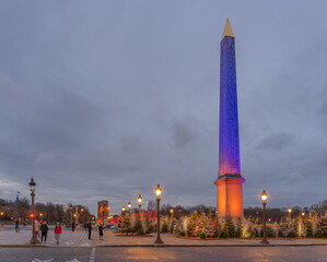 Paris,France - 12 30 2020: View of the Obelisk and the Arc De Triomphe on Place de la Concorde with...