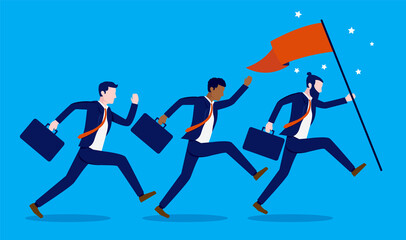 Successful business team - Three businessmen running with raised flag towards success. Teamwork and cooperation concept. Vector illustration.