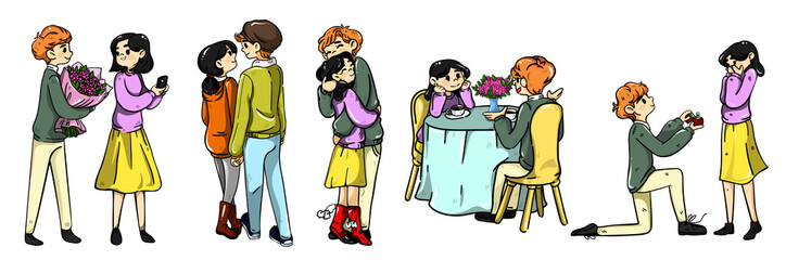 Five stages of creating a family. Color cartoon illustration isolated on white