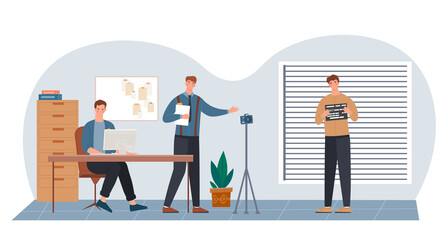 Obraz premium Two police officers making a mugshot of a convict. Convicted manis holding a sign with his name for photo at the police station. Flat cartoon vector illustration