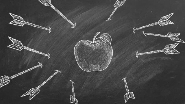 Apple with arrow drawn in chalk. All arrows missed the target. Fail, loser, unsuccessful. Arrows Off Target. Unsuccessful strategy concept. Animated Illustration on the blackboard