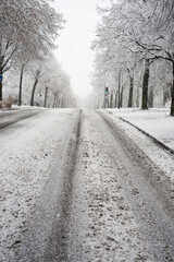 view of empty road covered by the snow in the city of Mulhoouse in France during a snowfall day