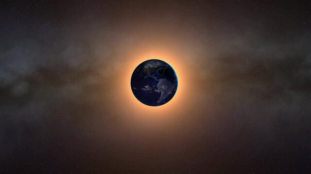 Solar eclipse 3D, earth in space, sun, solar system, milky way, flight in space