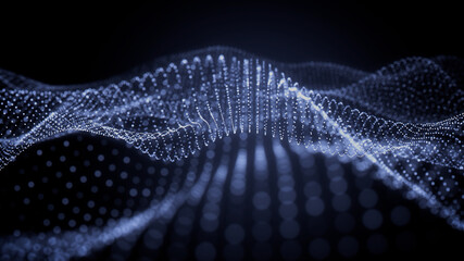 Sound Wave Vizualisation concept. Music audio frequencies represented as High Tech Futuristic Particle Waves. Abstract background. 3D render