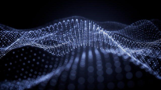 Sound Wave Vizualisation concept. Music audio frequencies represented as High Tech Futuristic Particle Waves. Abstract background. 3D render