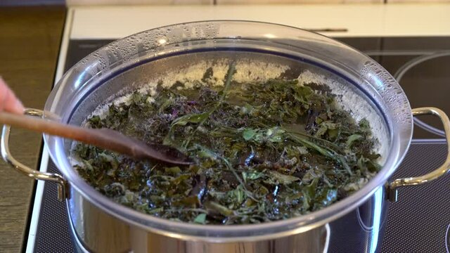Cooking dried Comfrey leaves and root in melted butter for cream (Symphytum officinale) - (4K)