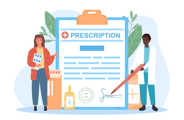 Male doctor in white robe making prescription on clipboard. Female patient standing next to clipboard and holding pills. Concept of health checkup. Flat cartoon vector illustration