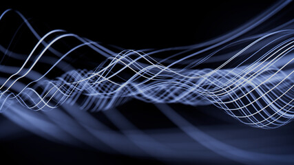 Sound Wave Vizualisation concept. Music audio frequencies represented as High Tech Futuristic Flow line Waves. Abstract background. 3D render
