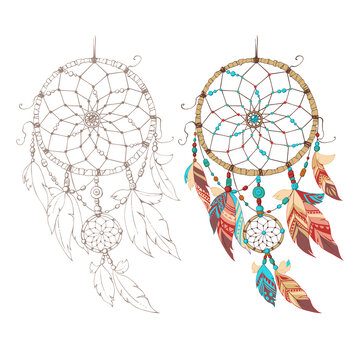 Dreamcatcher colorful and contour.  Flat vector. Isolated.