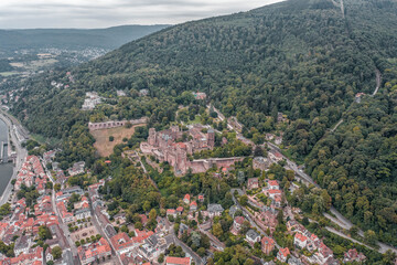 Fototapeta na wymiar Aerial drone shot of Heidelberg old town in overcast summer