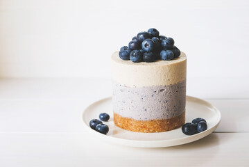 Raw gluten-free no-bake dessert. Vegan vanilla blueberry cheesecake against white background. Sweet healthy food. Copy space.