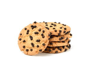 stack of round baked cookies with chocolate pieces isolated on white background