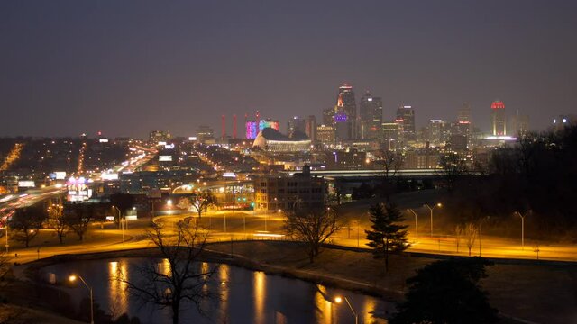 4K time lapse of downtown Kansas City skyline at night.