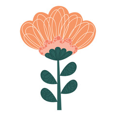 Cute ornamental abstract peony or a rose flower with green stem and peach blossom bud on white background. Isolated floral illustration in Scandinavian style. Vector.