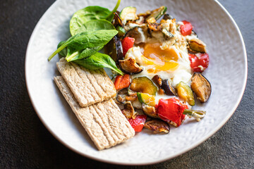 fried eggs vegetables omelet ready to eat on the table meal snack outdoor top view copy space for text food background rustic image keto or paleo diet
