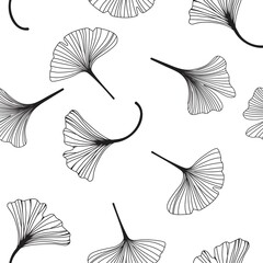 Ginkgo biloba seamless pattern leaves. Hand drawing on white backgrounds. Vector illustration in a minimal linear style. - 405630165