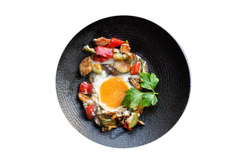 fried eggs vegetables omelet ready to eat on the table meal snack outdoor top view copy space for text food background rustic image keto or paleo diet