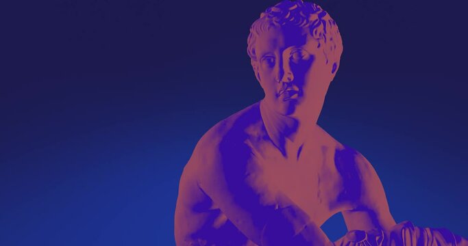 Digital heritage with 3d model statue in duotone on digital background. Rotating 3d statue in false colors. Pop creative content for arts and classical elements