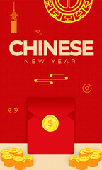 gift voucher chinese new year with golden coins - design for greetings card, flyers, invitation, posters, brochure, banners, calendar. Flat style design. traditional red greeting card illustration