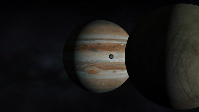 Jupiter and moons, Ganymede and Europe, planets of the solar system, Voyager, space and stars, NASA video, realistic 3D graphics, 3D Render, video, moving stars, space, planets, stars