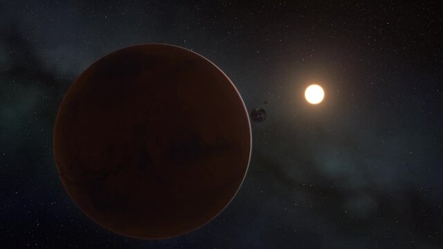 Mars and Phobos, planets of the solar system, space and stars, realistic 3D graphics, 3D Render,  moving stars,  planets