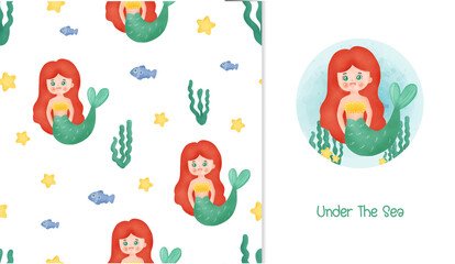 Little mermaid card and seamless pattern .