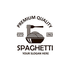 Obraz premium emblem of fork and dish with spaghetti isolated on white background