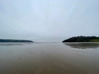 coastal landscape view of Llansteffan beach in Carmarthenshire, Wales