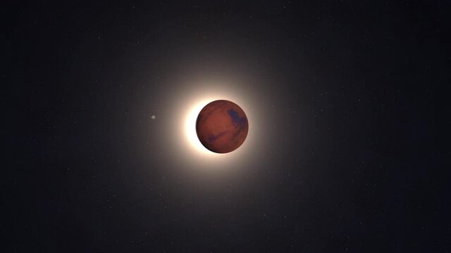 Mars and Phobos, planets of the solar system, space and stars, realistic 3D graphics, 3D Render,  moving stars,  planets