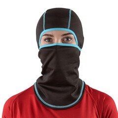 pretty brunette with long hair in a red shirt with a black balaclava with blue edging