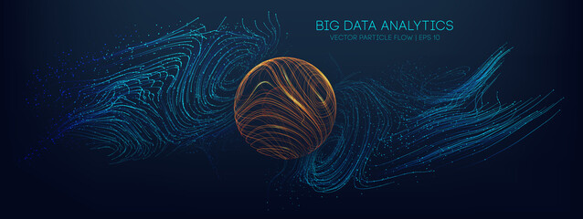 Big data analytics abstract vector background. 3d vector sphere data stream in abstract style. Abstract technology background wave flow. Data science concept. Technology analysis. Worldwide business