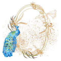 Frame with peacock and Indian decor. Isolated on a white background.
