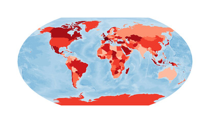 World Map. Wagner VI projection. World in red colors with blue ocean. Vector illustration.