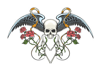 Skull with Wings Snakes and Rose branches Tattoo