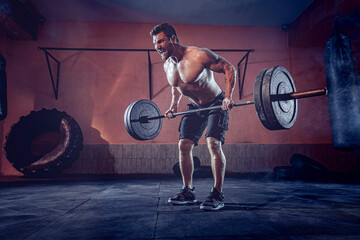 Muscular beardedman working out in gym doing exercises, strong male naked torso abs.