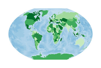 World Map. Winkel tripel projection. World in green colors with blue ocean. Vector illustration.