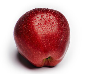 Single raw fresh clean one alone red apple with dew drops isolated on the bright solid fond plain white background