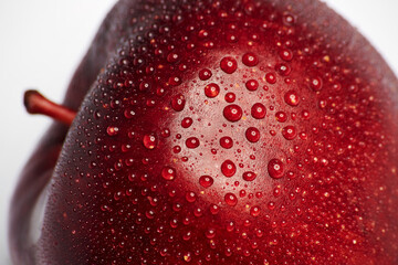 Single raw fresh clean one alone red apple with big dew drops close-up macro view, isolated on the bright solid fond plain white background