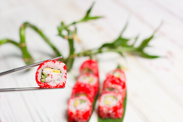 Close up of Sushi Roll piece wrapped in rice, red flying fish roe in metal chopsticks with blurred background. Sushi Roll with snow crab meat, avocado, cucumber. bamboo leaves and plant on background.