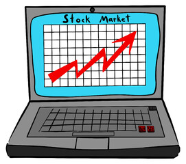 laptop with graph and arrow for stock market, vector cartoon illustration