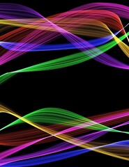 Colorful Strands Swooping on a Black Background. Multicolored lines of light drape across they wallpaper background image.