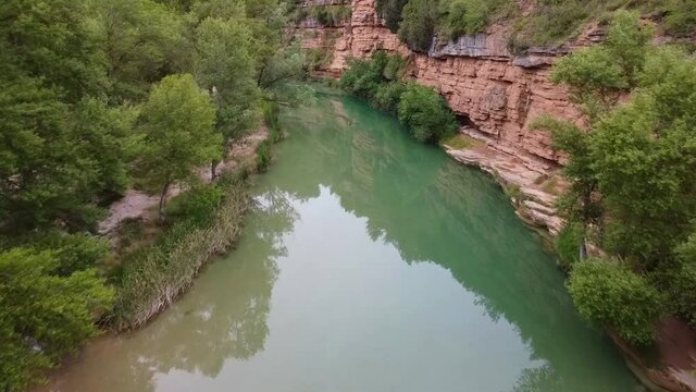 Aerial View Over River in Bierge, Spain